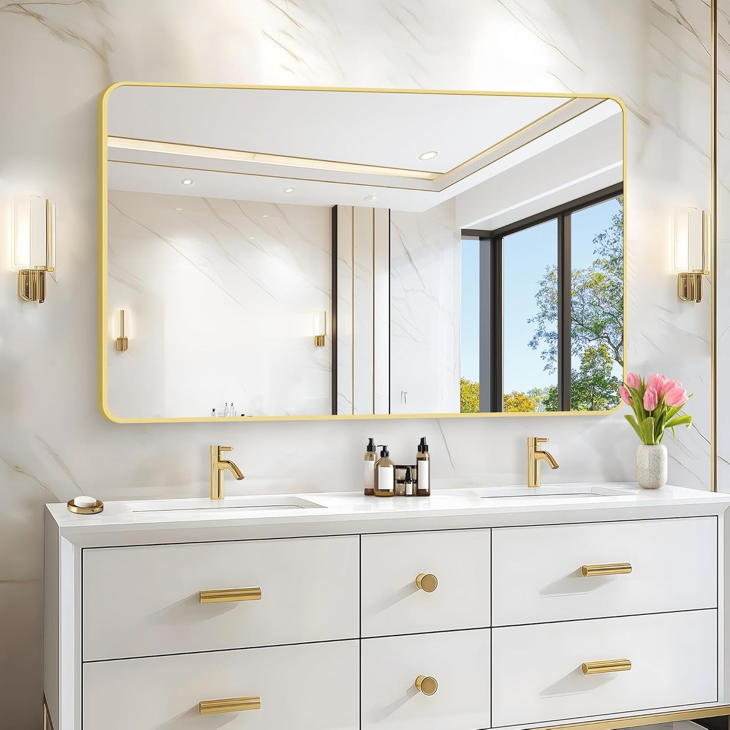 55"x36" Gold Bathroom Mirror, Large Rectangle Mirror, Rectangular Wall Mirror, Rounded Corner Vanity Mirror with Aluminum Metal Frame for Bathroom Bedroom Living Room Horizontal/Vertical
