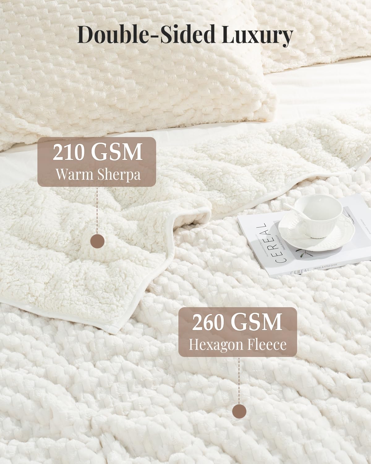 Topblan Weighted Blanket for Adults (48" x 72" 12lbs, Cream White), Soft Sherpa Full Size Heavy Blanket, 3D Jacquard Flannel Fleece Weighted Blankets for Couch and Bed