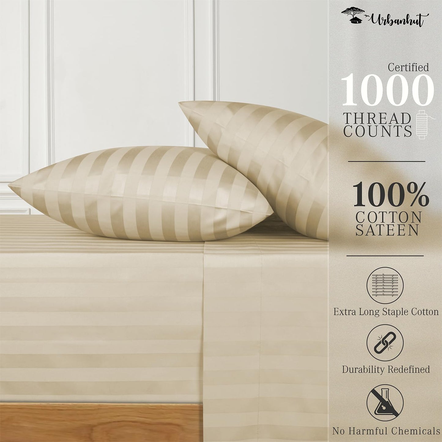 URBANHUT 1000 Thread Count Pure Cotton California King Striped Sheets Set (4 Pc) - Ultra Soft & Smooth, Thick & Crisp Sateen Weave Calking Striped Bedsheets with 16" Deep Pockets - Sand.