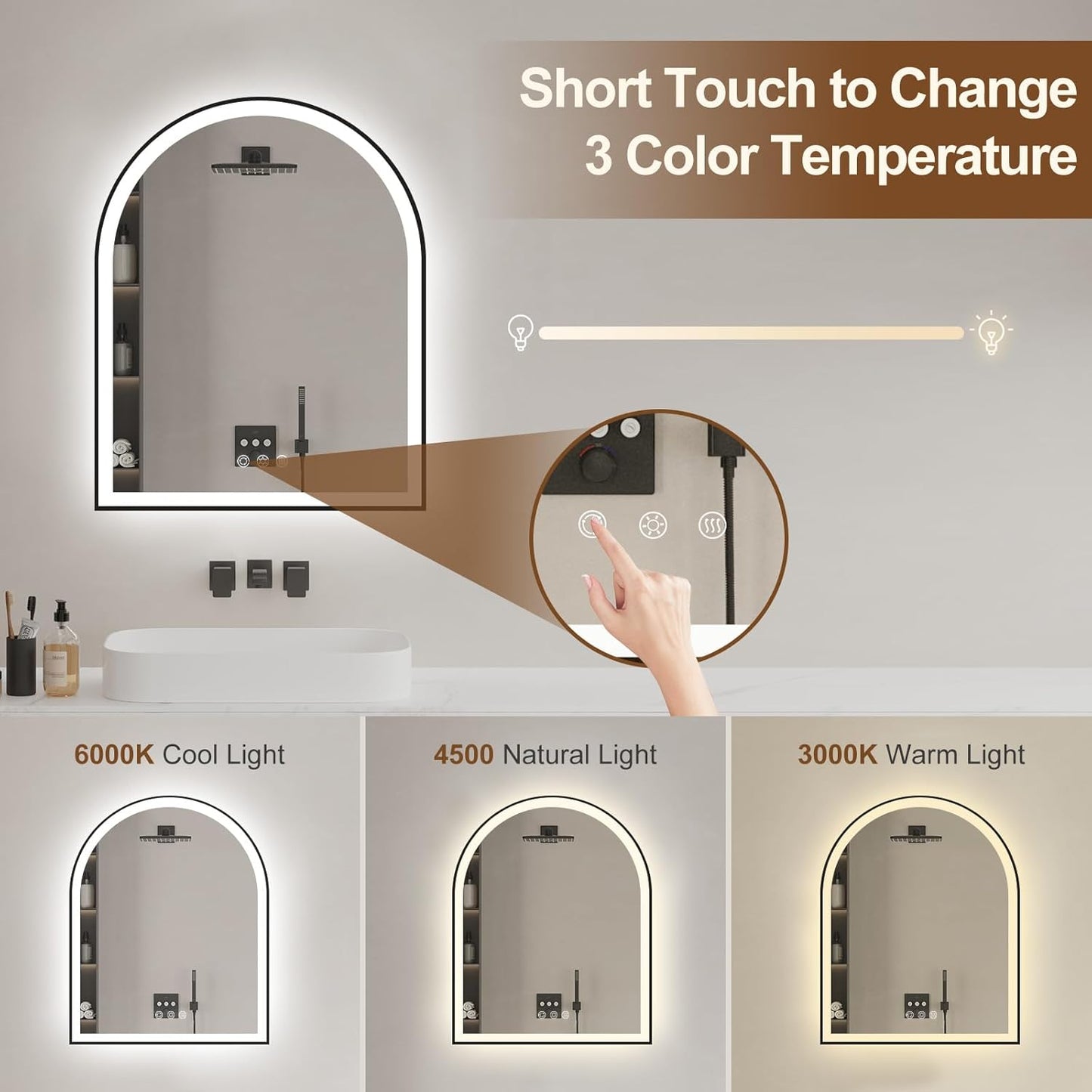 Arched LED Mirror for Bathroom 24"x30", Black Lighted Bathroom Mirror with Lights-Fogless, Dimmable, 3 Color Changing, Shatterproof, Touch Sensor