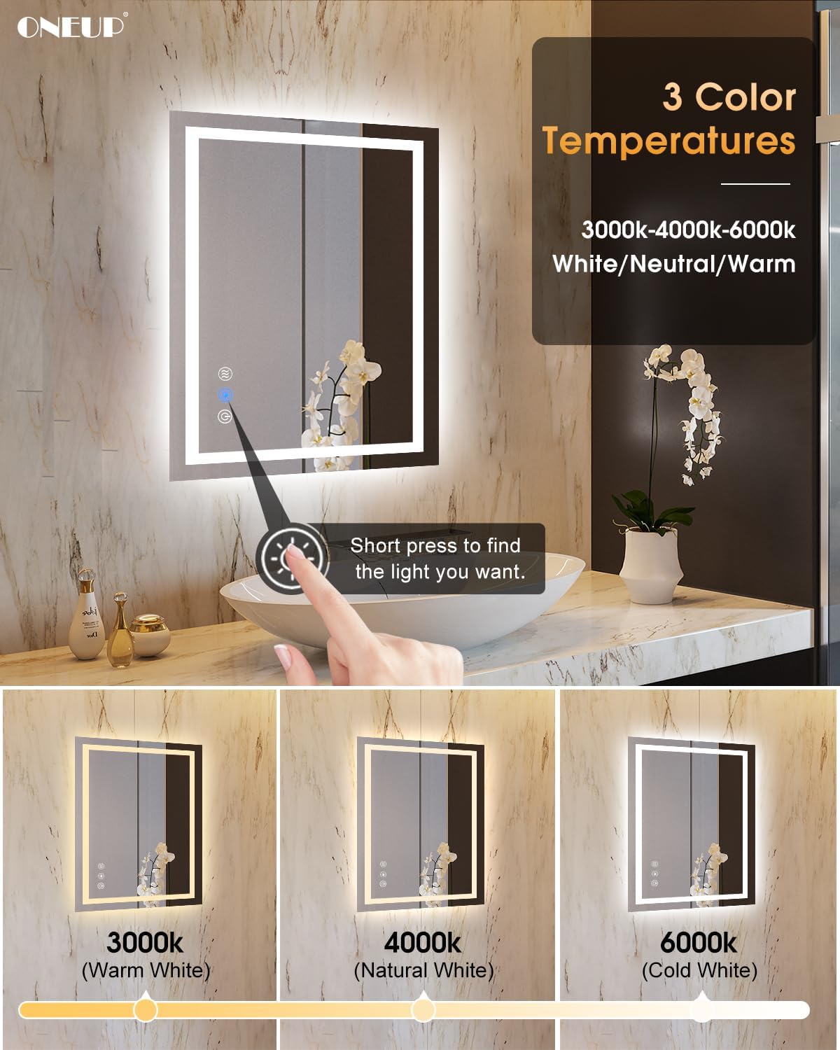 oneup 24x32'' LED Bathroom Mirror,Lighted Bathroom Mirror with Lights,Dimmable 3 Colors Temperature,Anti-Fog,Modern Vanity Mirrors for Wall,Touch Screen,Memory, Shatterproof