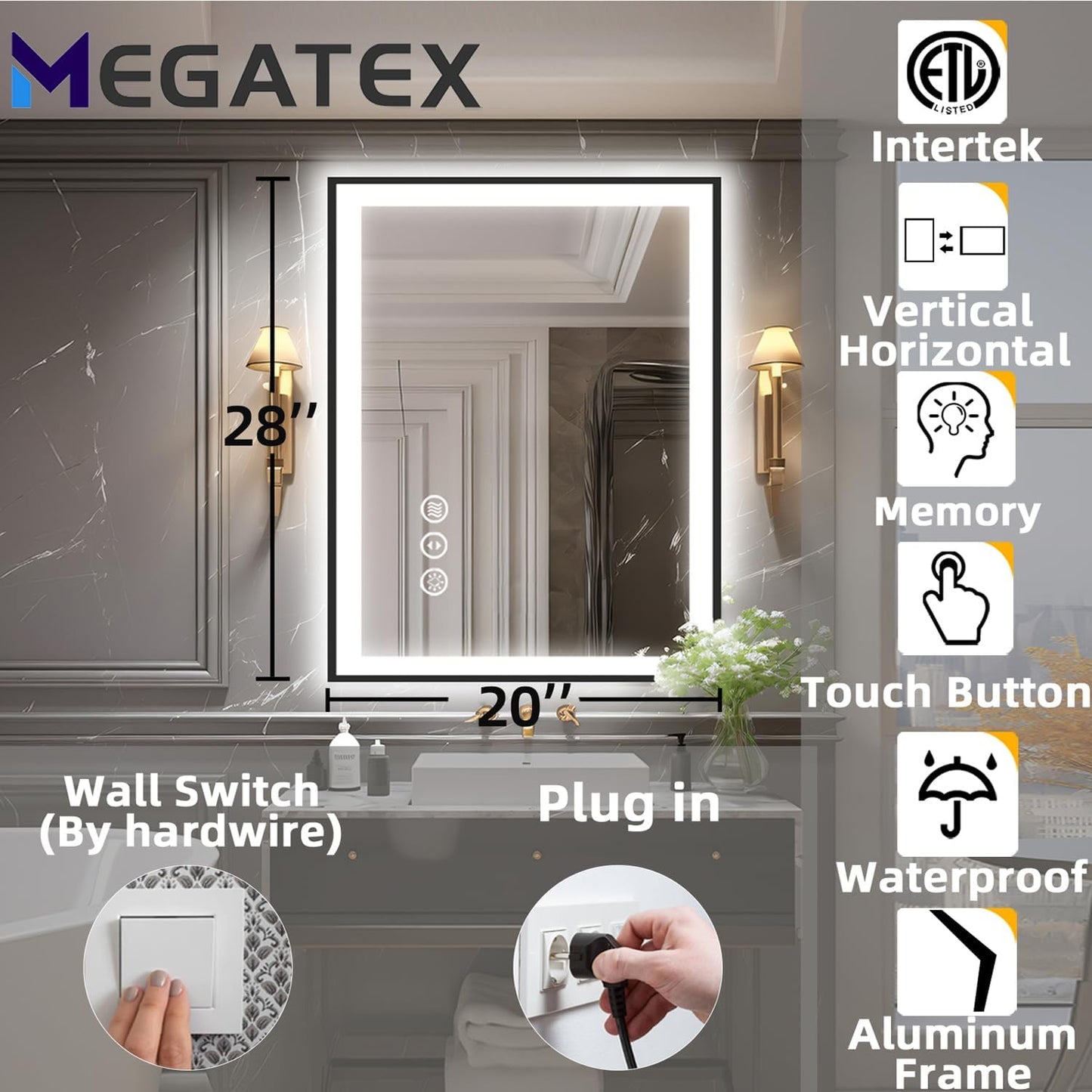 20x28 LED Bathroom Mirror for Wall, Black (Metal, Aluminum) Framed, Front Light and Backlit, 3 Colors and Dimmable Vanity Mirror, Anti-Fog, Shatter-Proof, Memory (Horizontal/Vertical)