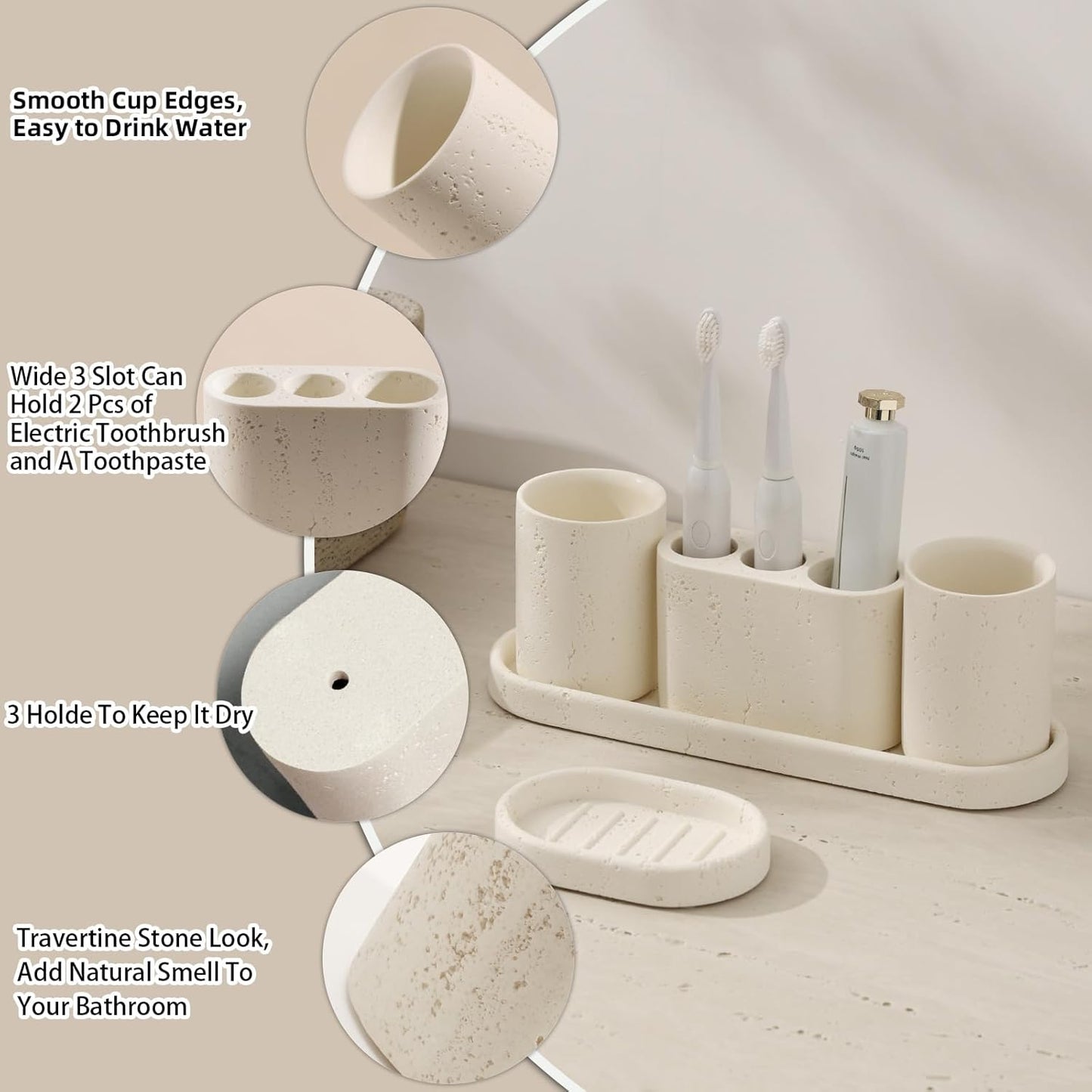 Bathroom Accessories Set, 4 pcs Toothbrush Holders Set Included 3 Slots Electric Toothbrush and Toothpaste Holder Stand, 2 Tumblers & Tray for Bathroom Countertop Sink Modern Decor (White)