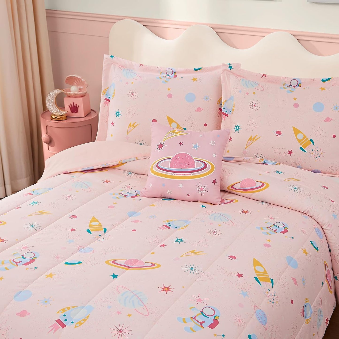 Full Size Comforter Set for Girls-4 Pieces Space Glow in The Dark Full Bedding Sets for Kids, 1 Comforter, 2 Shams and 1 Decor Pillow