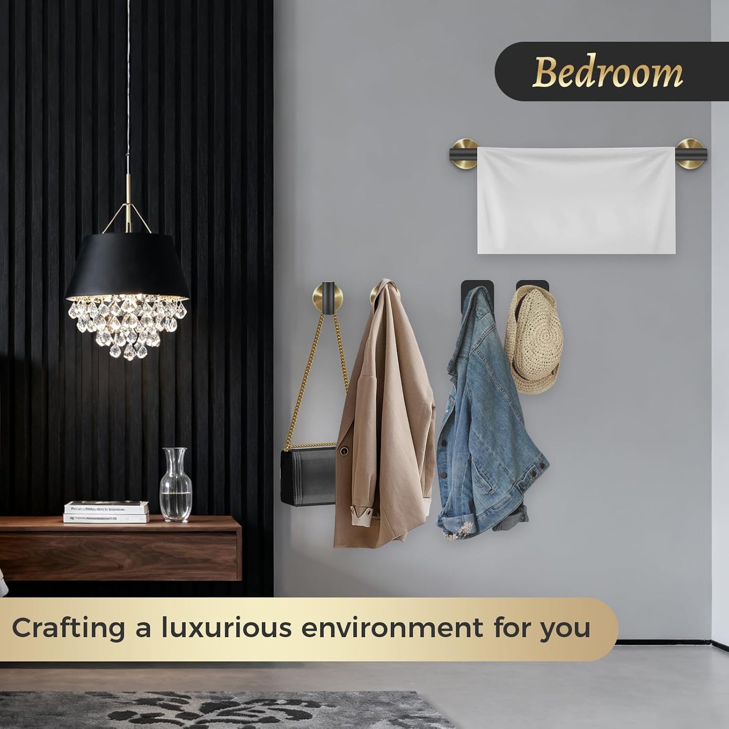 Black Bathroom Accessories Set 7-Pieces Stainless Steel Modern Light Luxury Design, Multi-Scene Use Includes Towel Racks for Bathroom Toilet Paper Holder Gold Towel Racks for Bathroom