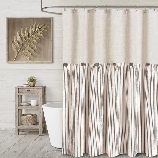 Farmhouse Shower Curtain Linen Beige Button Woven Fabric Country Rustic Western, Pleated Brown Stripe 72" W x 78" L