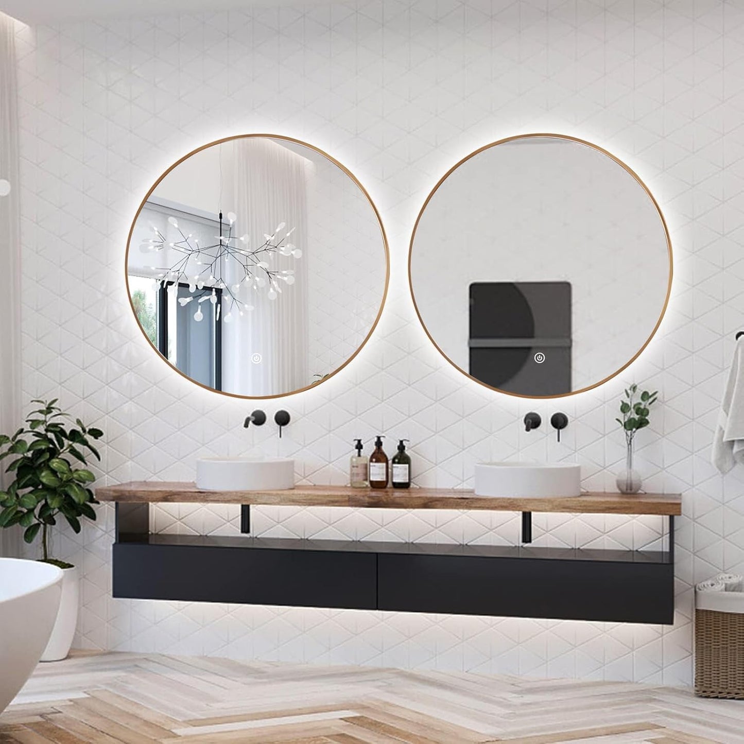 Niccy 36" LED Backlit Round Mirror for Bathroom, Gold Framed Vanity Light Wall Mirror LED Smart Circle Mirrors with 3 Lighting Colors, Dimmable Lighted Mirror with Anti-Fog, IP65 Waterproof