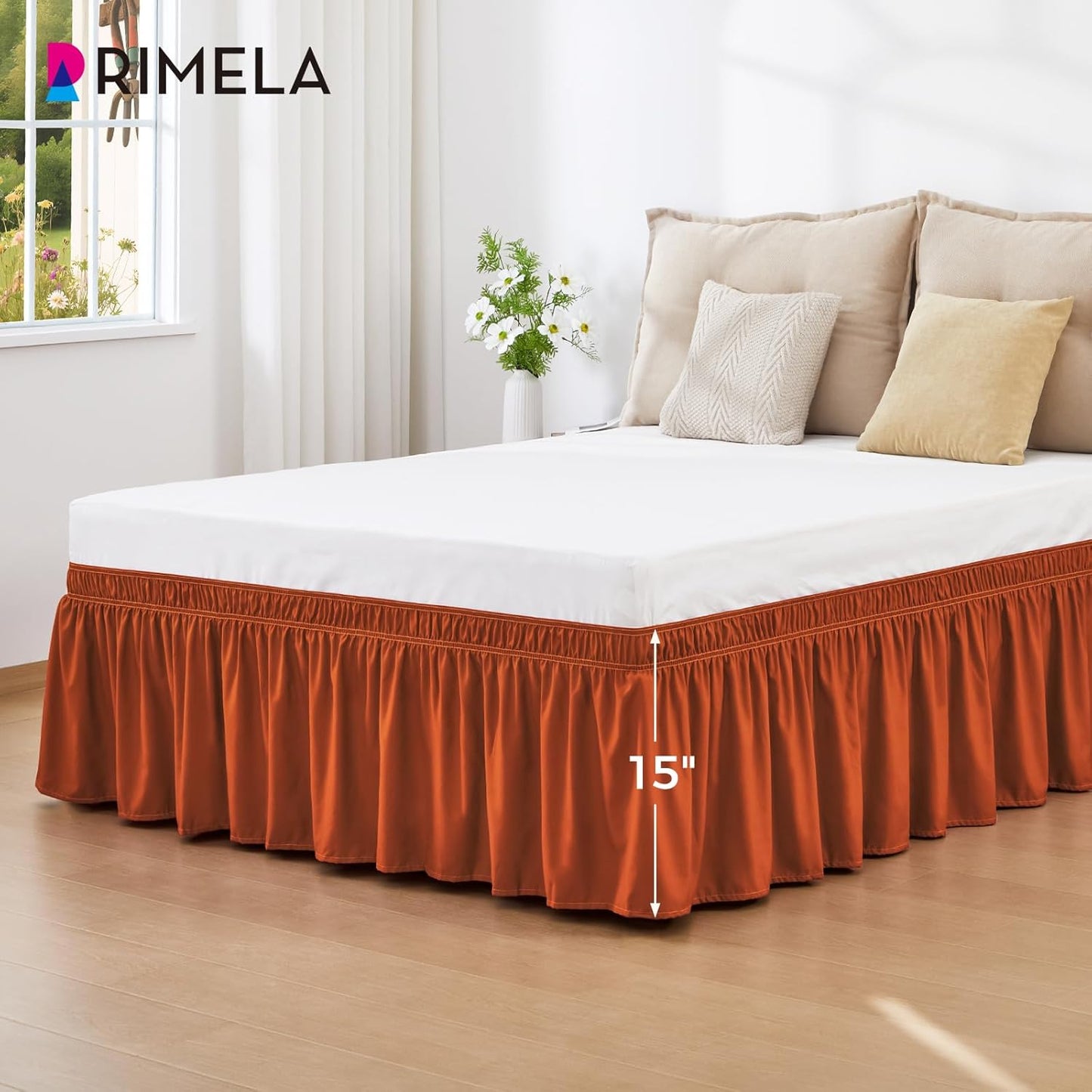 RIMELA Orange Yellow Bed Skirt Queen 15 Inch Drop, Elastic Bed Skirts Queen Size Dust Ruffle, Bedskirt for Adjustable Bed Base, Wrinkle & Fade Resistant Silky Luxurious Fabric Easy to Install