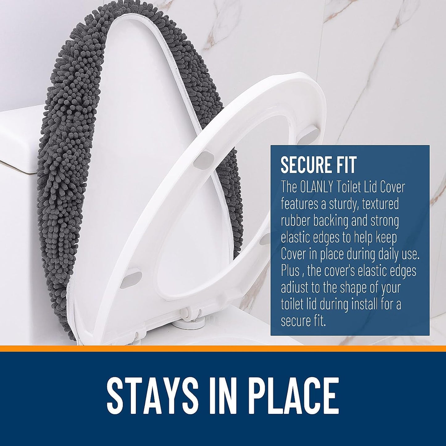 OLANLY Soft Chenille Bathroom Toilet Lid Cover, Machine Washable Seat Covers, 17.5x15, Stays in Place Rubber Backing, Fits Most Round, Elongated and Oblong Lids, Accessories Decor, Dark Gray