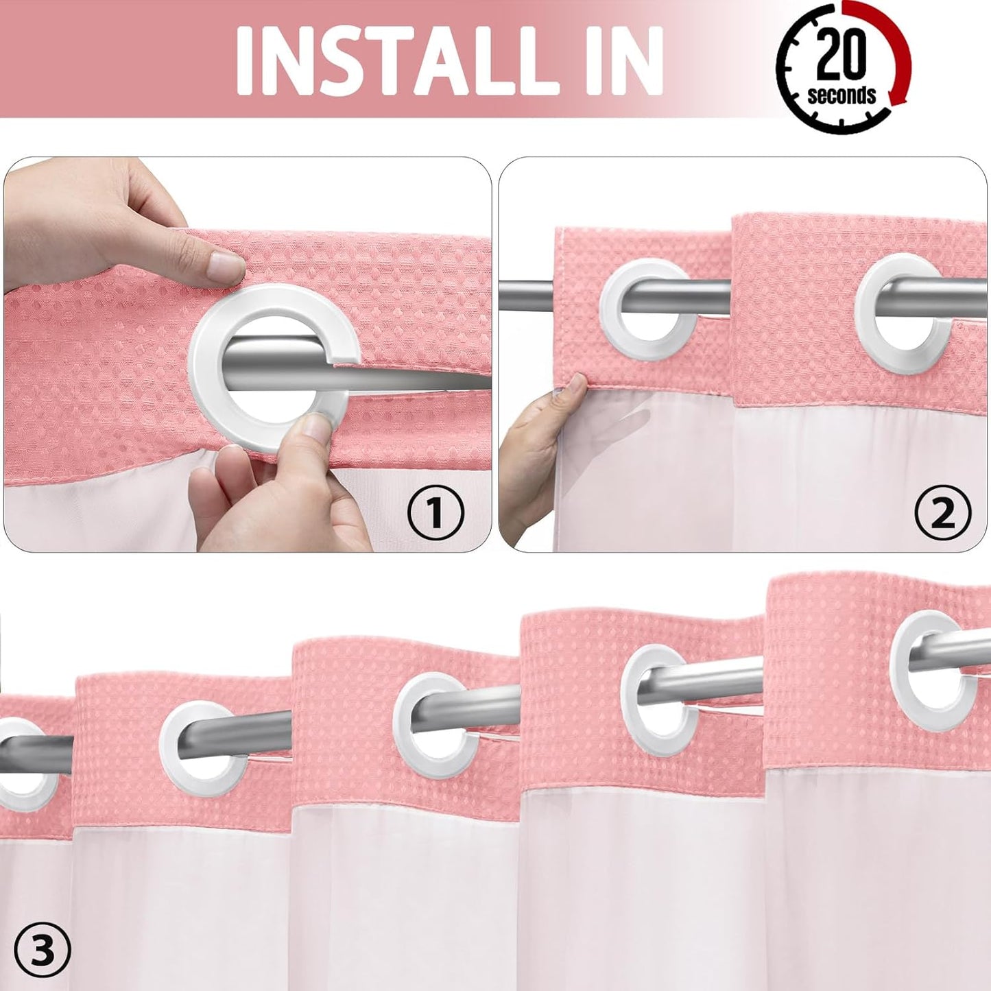 YellyHommy No Hook Shower Curtain with Snap in Liner Set Less Time Pink Waffle Shower Curtain for Bathroom 75" L x 72" W Pink