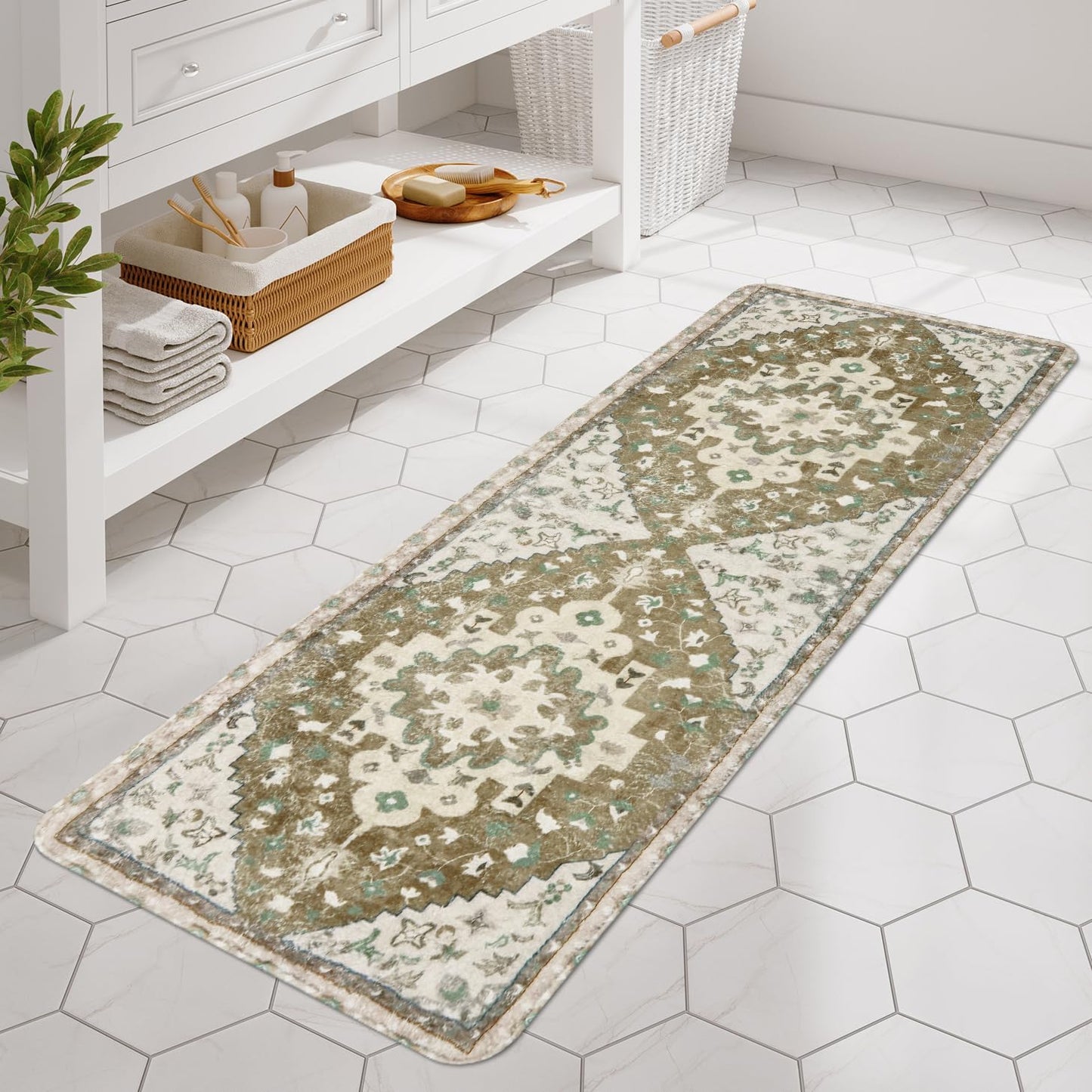 Uphome Boho Vintage Non-Slip Soft Long Bath Mat Oriental Tribal Machine Washable Bath Rugs, 20x59 inch Khaki