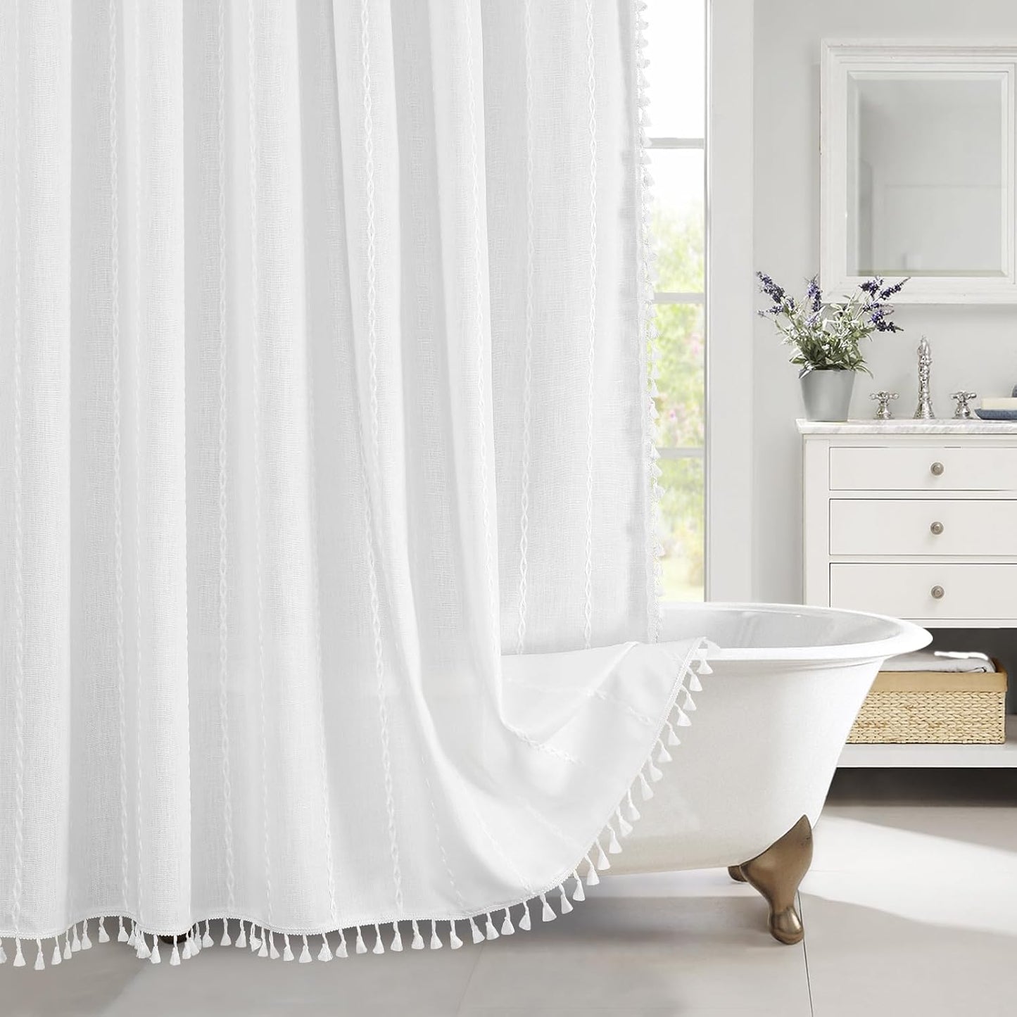 MitoVilla Boho Extra Long Shower Curtain 72 x 96, White Modern Farmhouse 96 inch XL Polyester Linen Texture Tassel Fabric Shower Curtain Set with Hooks for Cottagecore Country Bathroom Decor,White