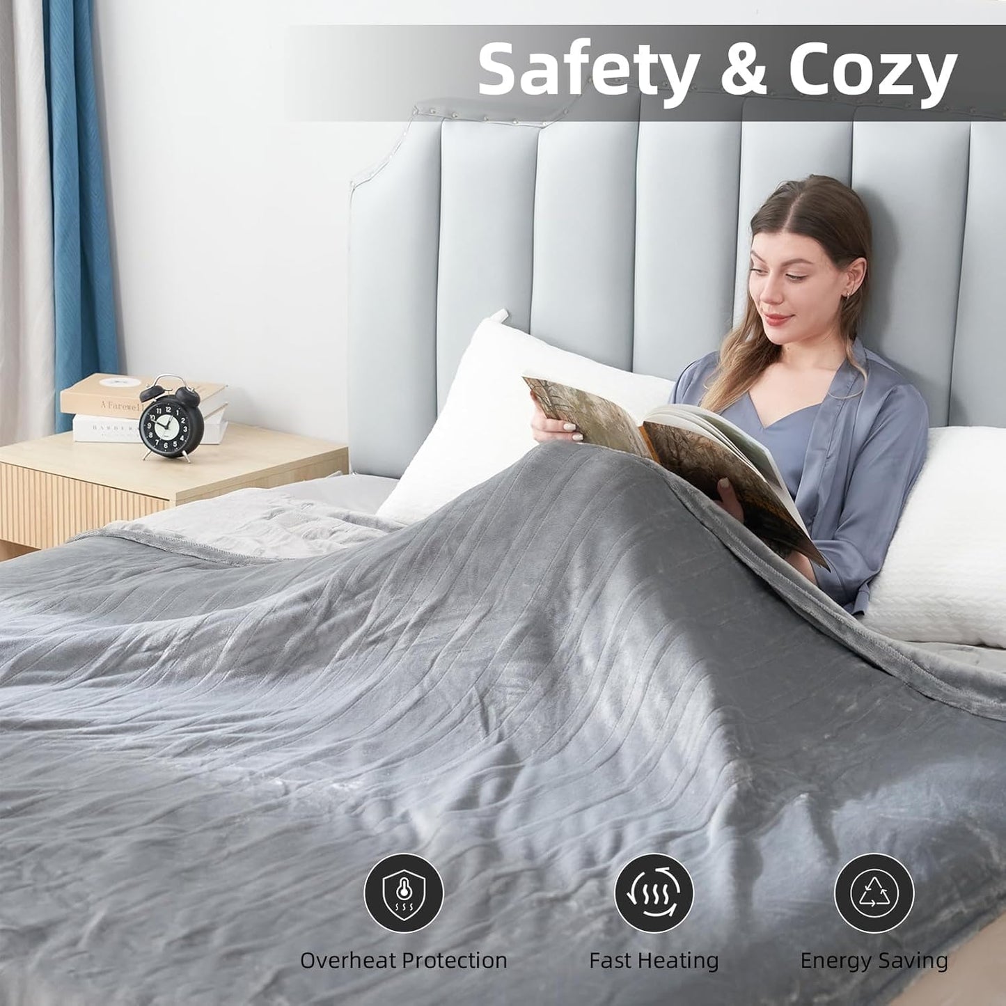 Electric Heated Blanket Queen Size 84"x 90",Dual Control Super Cozy Soft Warm with 6 Heat Levels &1-10 Hours Auto Off, Home Office Use & Machine Washable, Gray