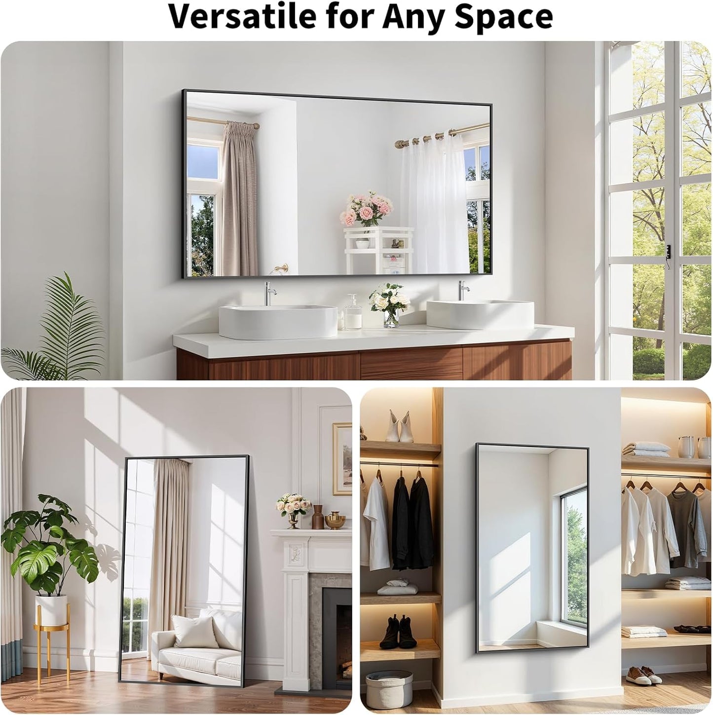 Koonmi Black Framed Bathroom Mirror - Shatterproof 30"x55" Tempered Glass, HD No Distortion, Horizontal/Vertical Mount, Modern Matte Aluminum Alloy Frame