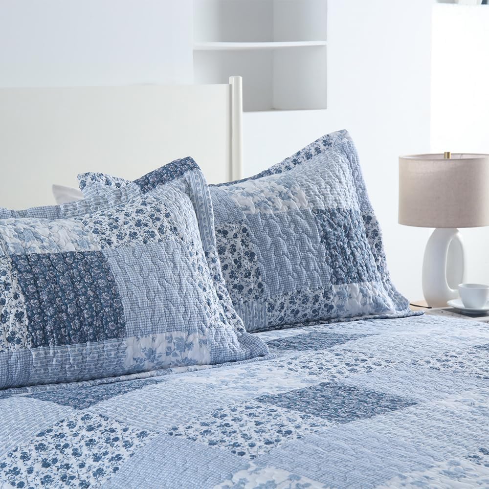 ENASAL Cotton Bedspread Quilt Bedding Sets Reversible Coverlet Sets Comforters Rustic Floral White Blue Patchwork Pattern Bedspread for All Season, Queen Size
