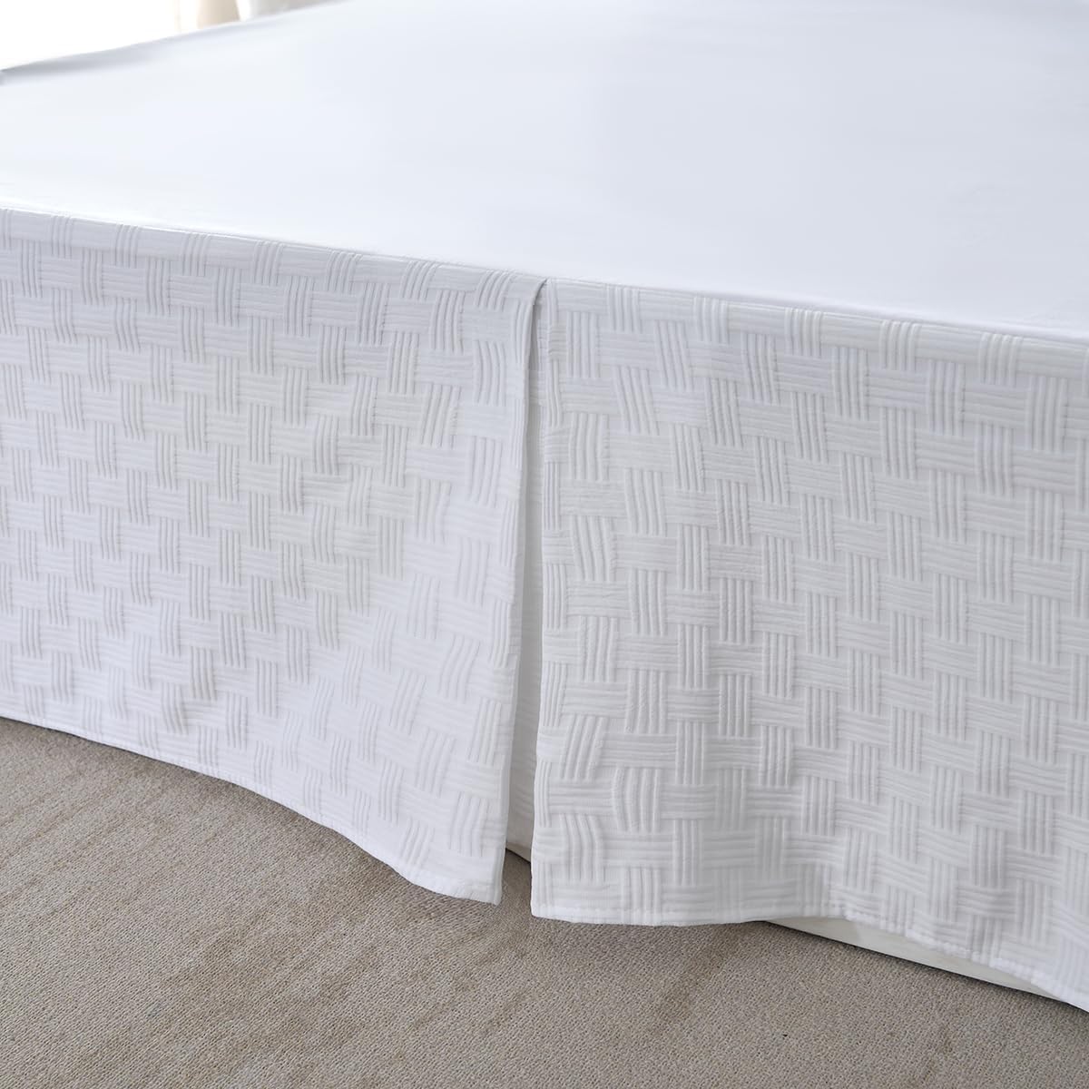 King Size Bed Skirt, Pleated Knitted Jacquard Waffle Weave Striped Bed Skirt, Tailored Dust Ruffle 14 Inch Drop Easy Fit, Machine Washable (White, King- 14" Drop)