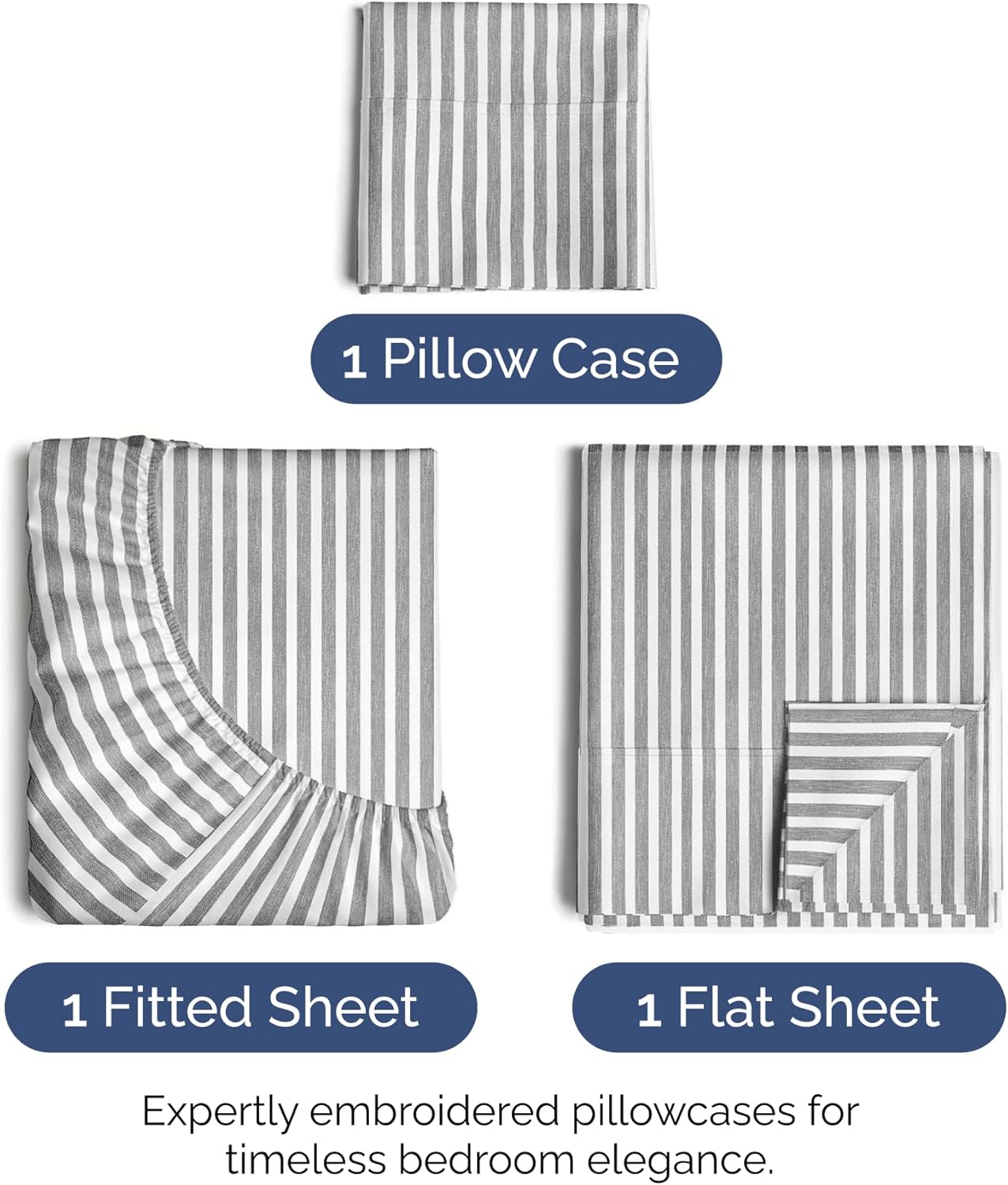 Twin XL Size 3-Piece Sheet Set - Extra Soft, Breathable & Cooling - Hotel Luxury Durable Bed Sheets - Deep Pockets, Easy-Fit & Wrinkle-Free - Grey Stripes Oeko-Tex