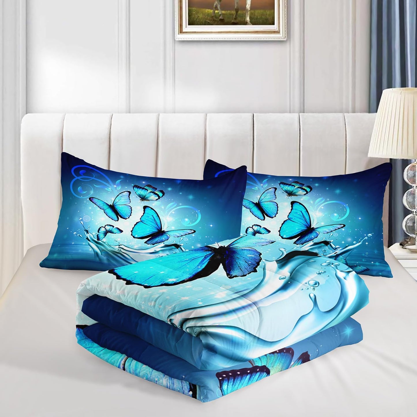 Fantasy Blue Butterfly Comforter Set Twin Size,Butterflies on Water Flash Bedding Sets 3 Pieces,Blue Series Aesthetic Bedding for Kids Girls Boys Room Decor with 2 Pillowcases.