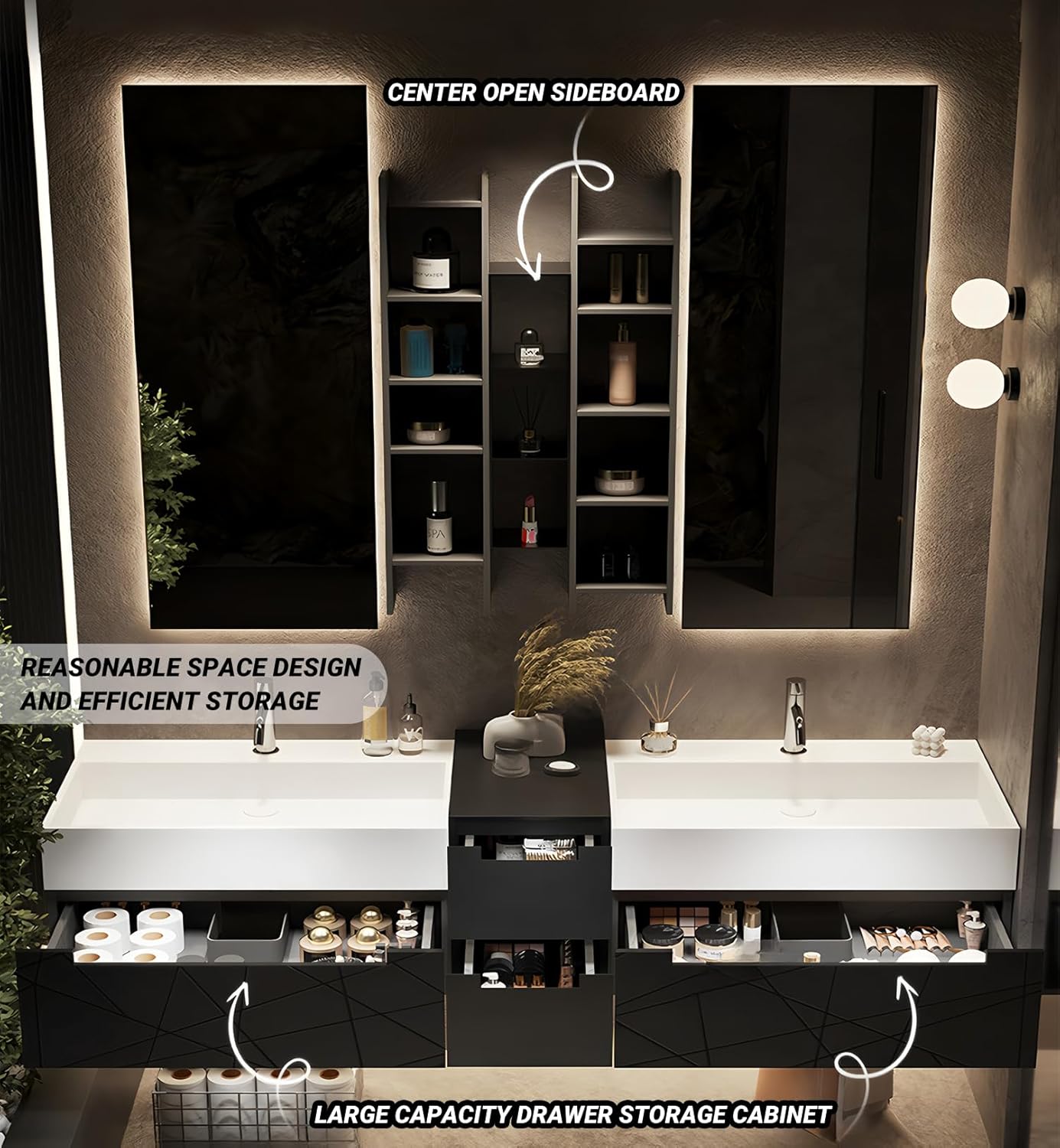 Double Bathroom Vanity with Sink, Floating Modern Bathroom Vanity Set Includes LED Smart Defogging Mirror and Open Storage Wall Cabinet, Solid Wood Bathroom Cabinet with Large Drawer (Dark Grey,92")