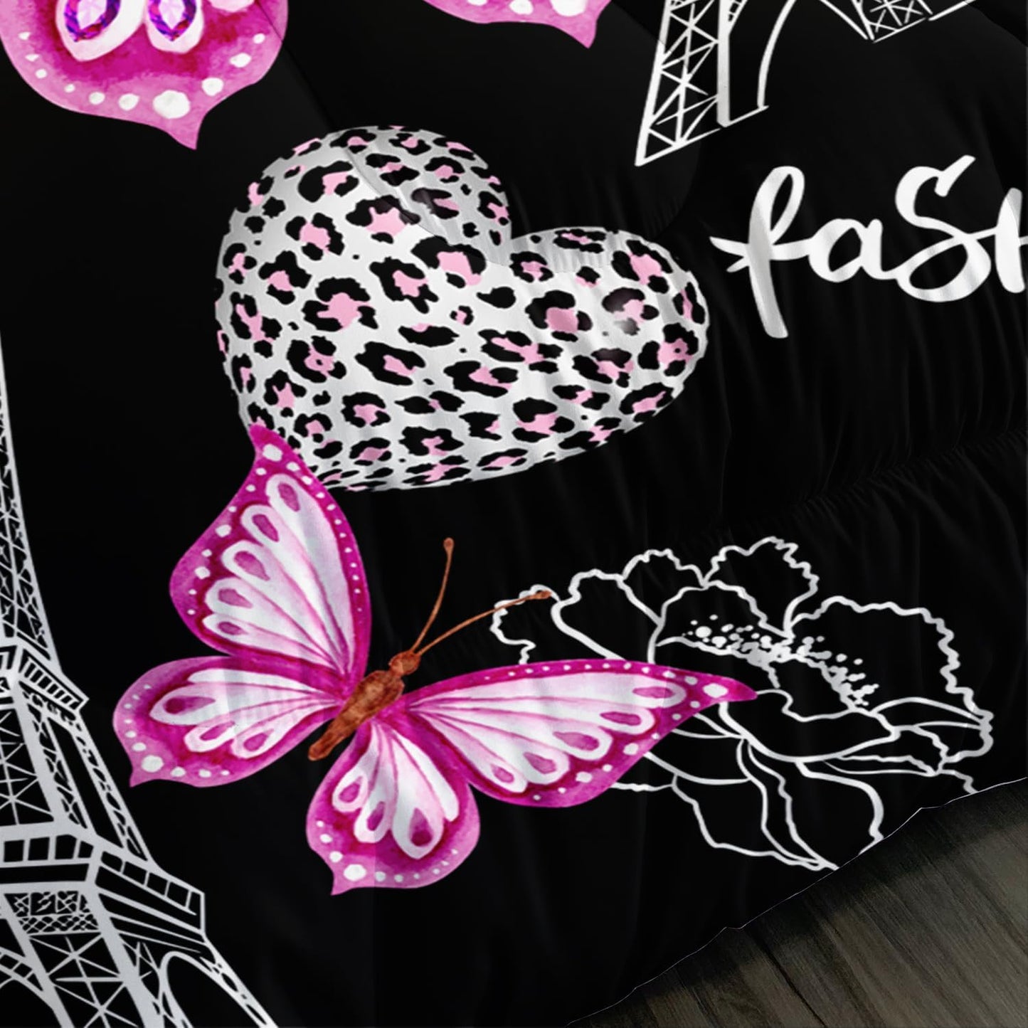 Pink Butterfly Comforter King Bedding Sets for Girls, Eiffel Tower Leopard Heart Pattern Bedding Sets with 2 Pillowcases,Aesthetic Bedding for Women Girls Bedroom Paris Decor.