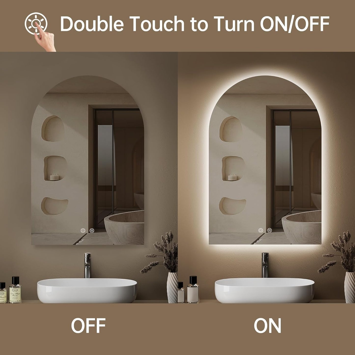 Arched Backlit Mirror Bathroom 20"x30"- Frameless LED Bathroom Mirror with Lights, Fogless, Dimmable, 3 Color Changing, Shatterproof, Touch Sensor