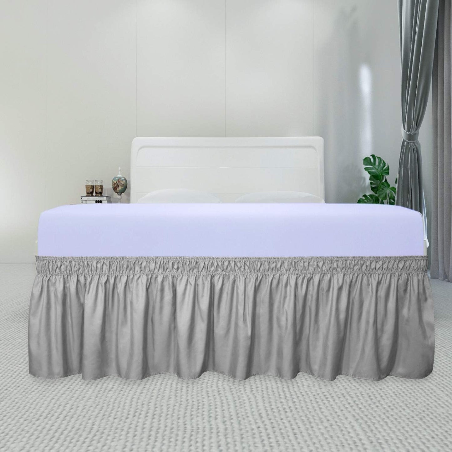 PureFit Wrap Around Ruffled Bed Skirt with Adjustable Elastic Belt - 18 Inch Drop Easy to Put On, Wrinkle Free Bedskirt Dust Ruffles, Bed Frame Cover for Queen, King and C-King Size Beds, Light Gray