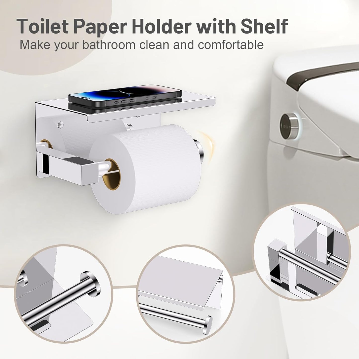 5-Piece Polish Chrome Bathroom Hardware Set, SUS304 Stainless Steel Bathroom Accessories Set 23.6 inches Towel Bar, Toilet Paper Holder with Shelf, Towel Ring and Two Towel Hooks Wall-Mounted