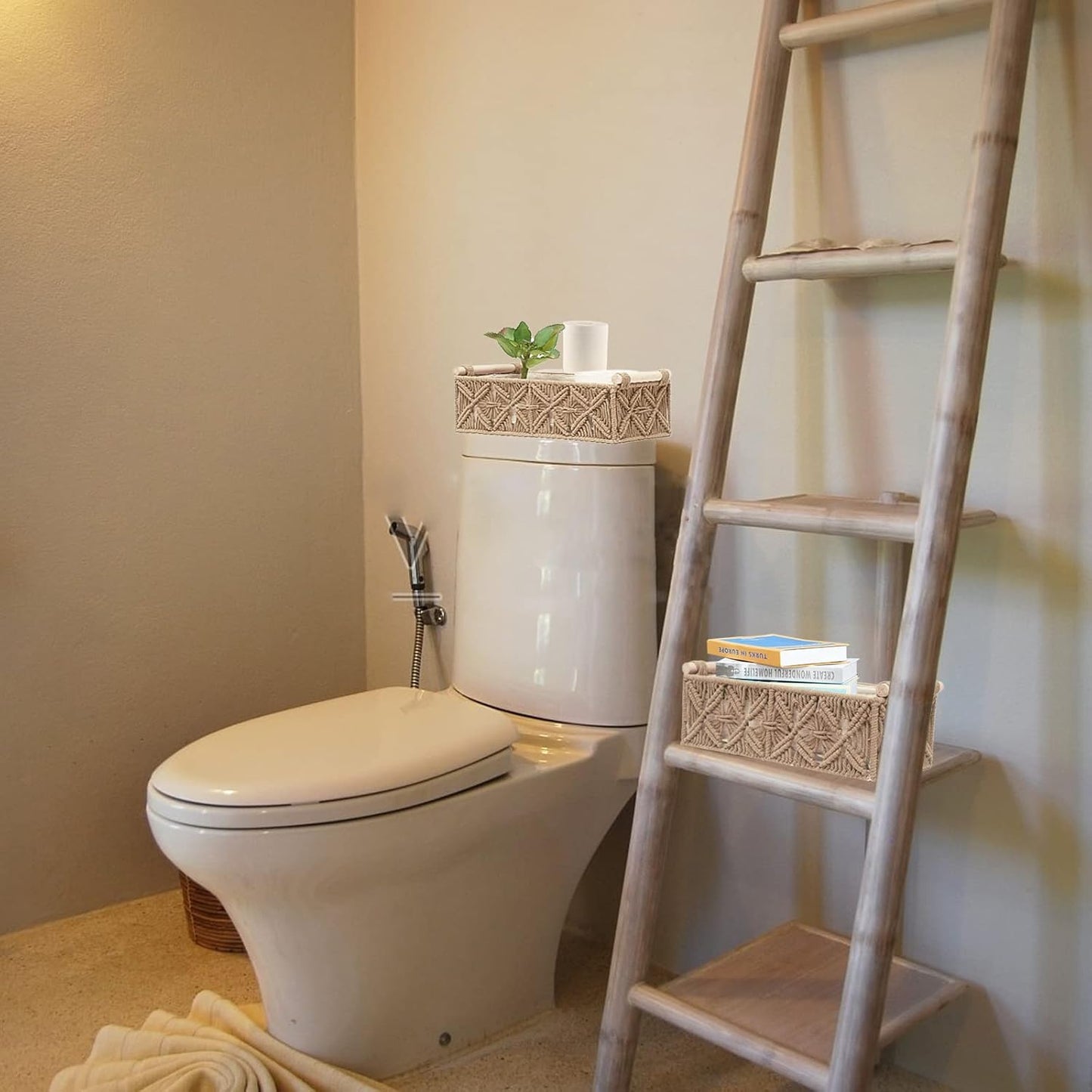 Macrame Storage Basket Boho Decor Baskets for Organizing Woven Decorative Basket for Countertop Toilet Paper Basket for Toilet Tank Top Shelf Basket with Handle for Bathroom Decor Nursery (Set of 2)