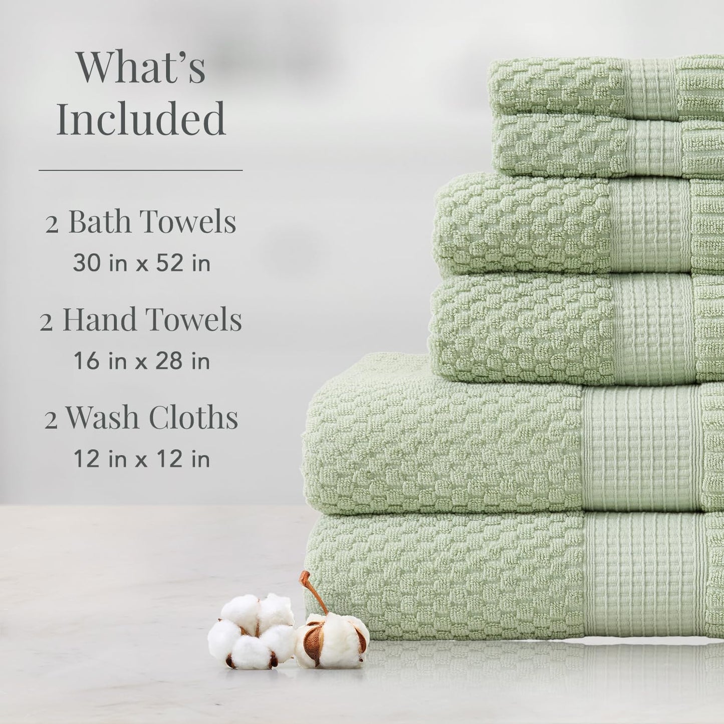 NY Loft 100% Cotton Towel Set 6 Piece Towel Set | Super Soft & Absorbent Quick-Dry 2 Bath Towels 2 Hand Towels & 2 Washcloths |Textured and Durable Cotton | Trinity Collection (6 Piece Set, Sage)