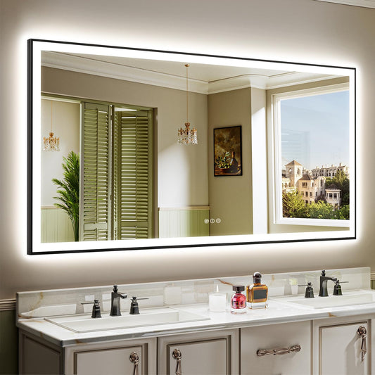 66x36 Inch LED Bathroom Mirror with Lights (Front Lit and Backlit) Black Framed Lighted Vanity Mirror for Bathroom Wall Dimmable Anti-Fog Memory Tempered Glass Horizontal/Vertical