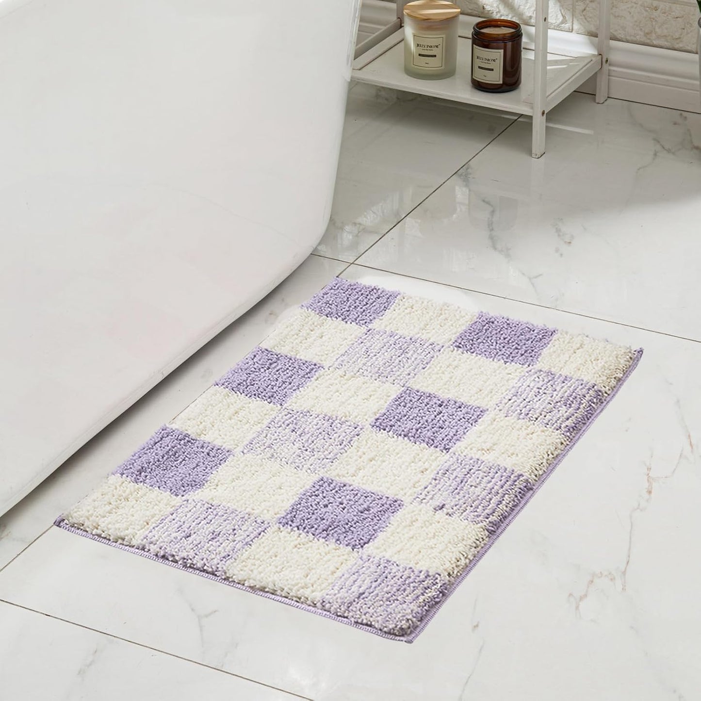 CozeCube Bath mats for Bathroom Non Slip, Fluffy Absorbent Microfiber Bath mat Washable, Aesthetic Bathroom Rugs, Cute Purple Checkered Bath mat, Lavender, 32" x 20"