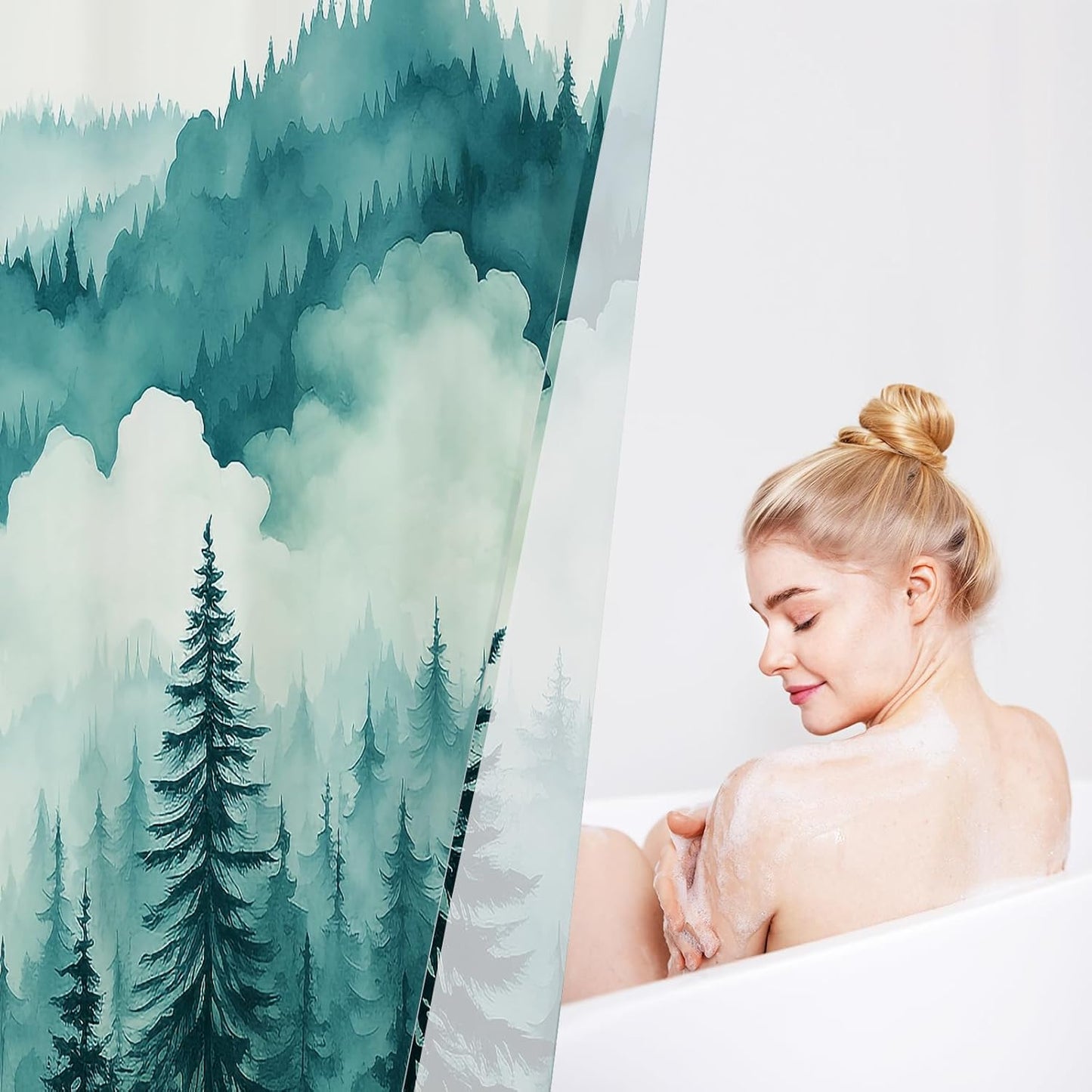 Teal Blue Long Misty Pine Forest Shower Curtain 72 x 78, Mountain Foggy Woodland Scenery Tree 78 Inch Long Shower Curtains for Bathroom, Turquoise Abstract Waterproof Nature-Themed Decor
