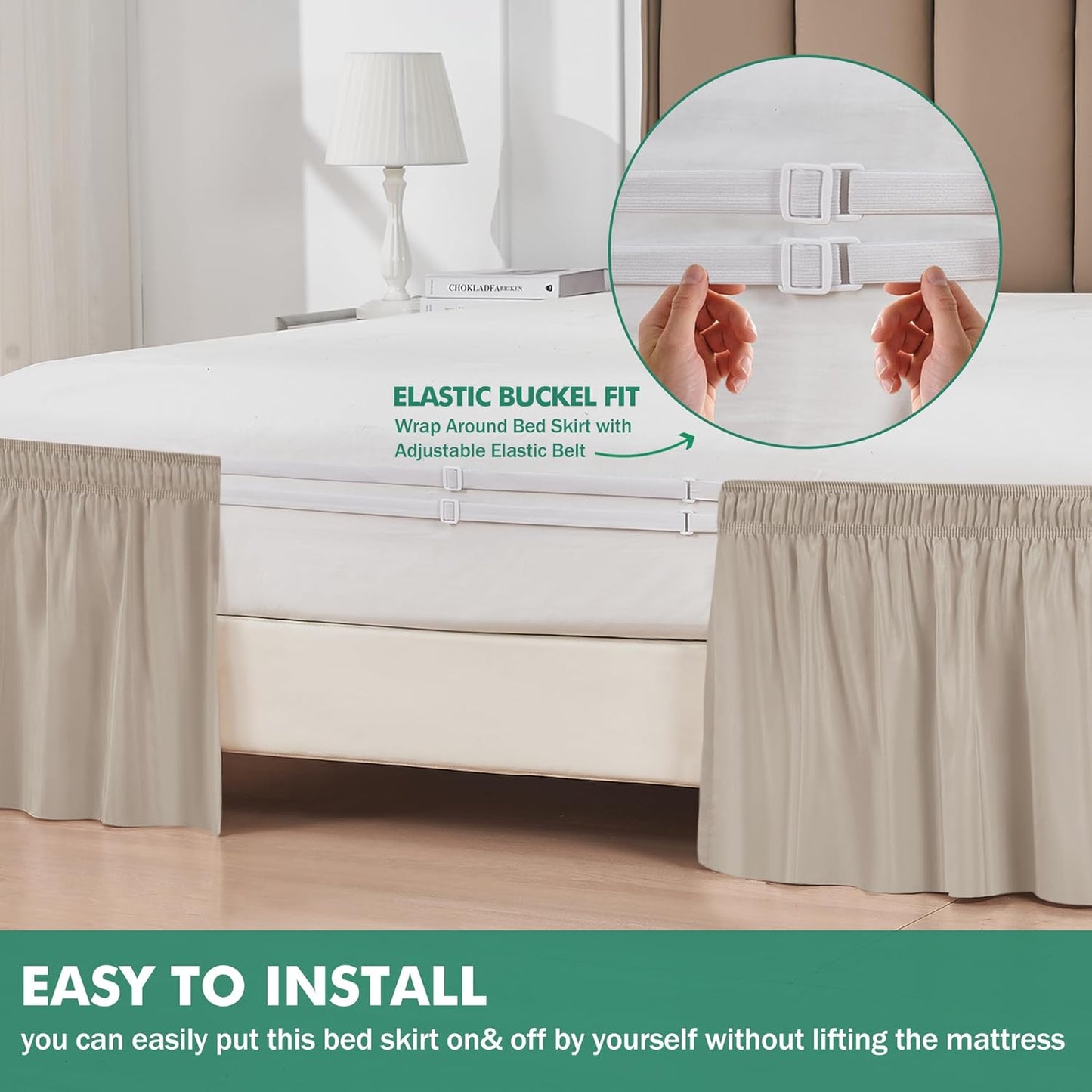 Biscaynebay Wrap Around Bed Skirts with Split Corners for King Beds 17" Drop, Light Camel Elastic Dust Ruffles Easy Fit Wrinkle & Fade Resistant Silky Luxurious Fabric Solid Machine Washable