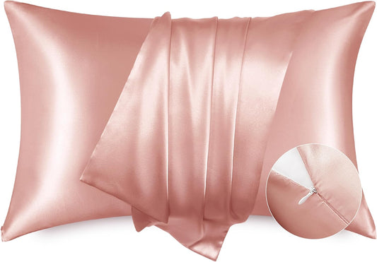 Bedsure Satin Pillowcase with Zipper, Similar to Silk Pillow Cases 2 Pack, Satin King Size Pillow Cases, Silky & Soft Pillow Cover for Hair and Skin, Gifts for Women Men, Peach Pink, 20x36 Inches