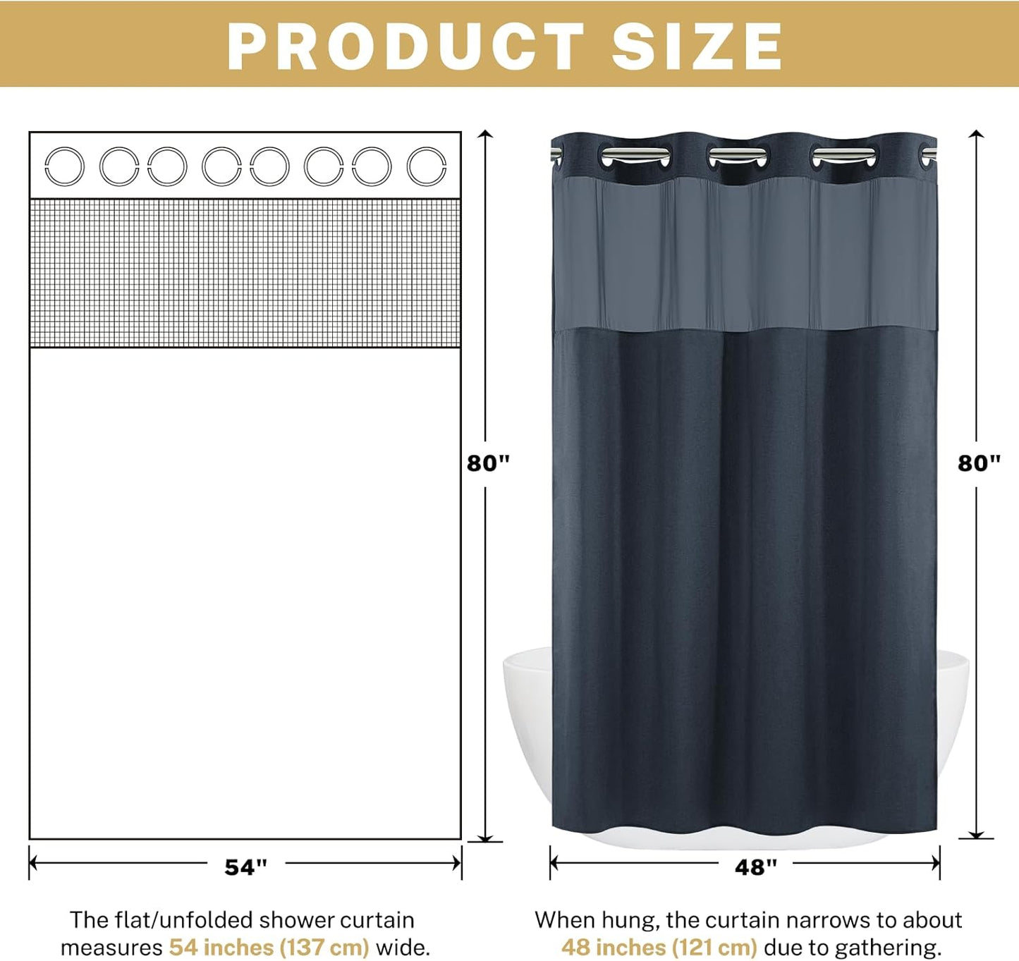 Small No Hook Shower Curtain with Snap in Liner, Polyester Textured Shower Curtain with Liner Set, Waterproof Washable Hotel Style Shower Curtains for Bathroom, 54Wx80H, Navy