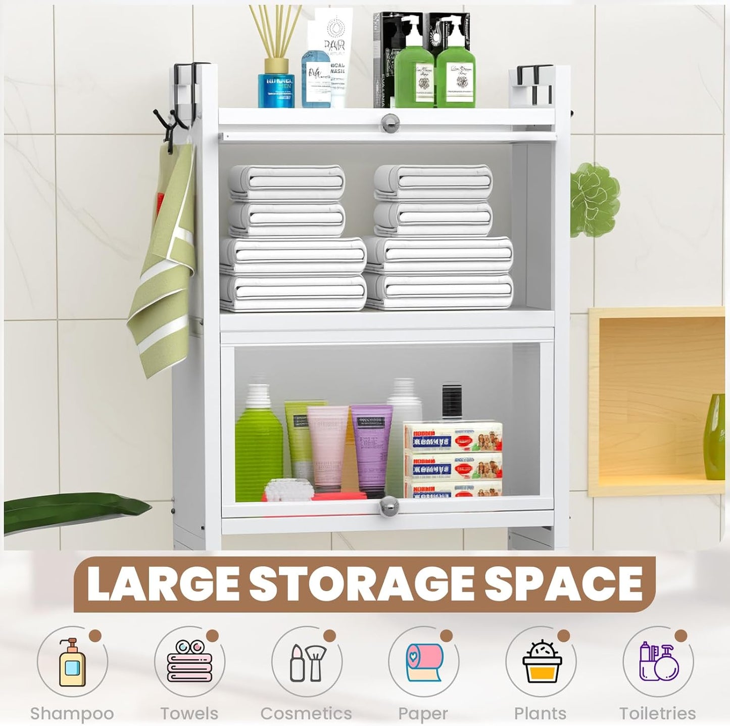 ZZL Over The Toilet Storage Cabinet,3-Tier,Bathroom Toilet Organizer,Waterproof, Cabinet Door Design,Freestanding Space Saver with 4 Hooks for Bathroom,White
