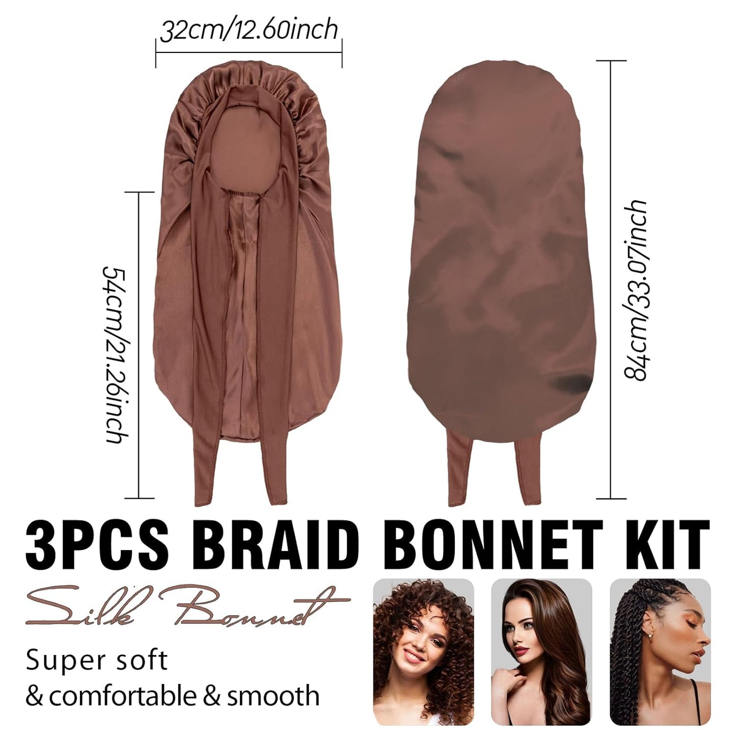 3Pcs Bonnets for Black Women Braid Bonnet, Large Long Satin Bonnet for Braids Sleeping, Black Women Satin Silk Bonnet (3Pcs-Black & Brown & Red)
