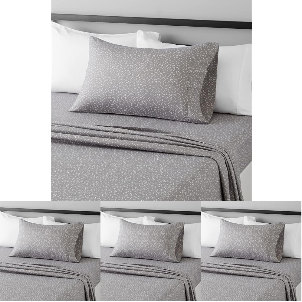 Amazon Basics Lightweight Super Soft Easy Care Wrinkle Free Microfiber 3 Piece Bed Sheet Set with 14-Inch Deep Pockets, Twin, Gray Arrows, Printed, Kids, Men & Women Bedding (Pack of 4)