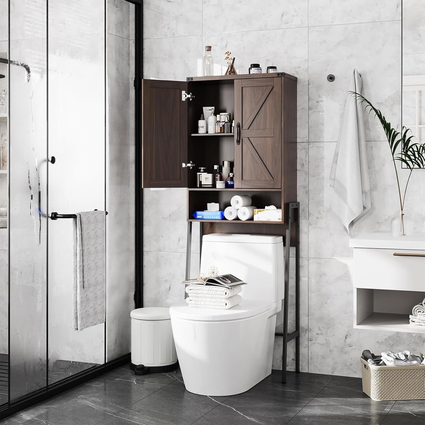 Over The Toilet Storage Cabinet with 2-Door Design Bathroom Organizers and Storage with Anti-Tip Device Over Toilet Organizer with Shelves for Bathroom,Restroom,Laundry Espresso