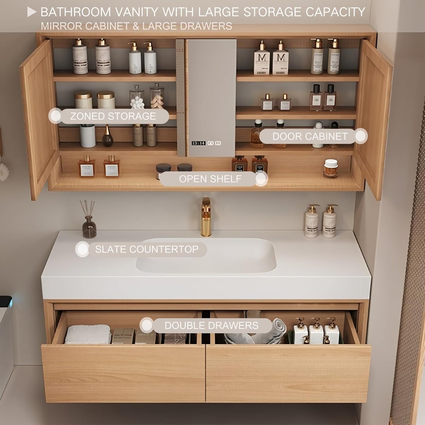 Single Sink Bathroom Vanity, 64Inch Modern Bathroom Vanity Set Includes LED Smart Defogging Mirror Cabinet and Open Shelf, Floating Vanities with One Piece Sink and Drawers Storage(Original Wood )