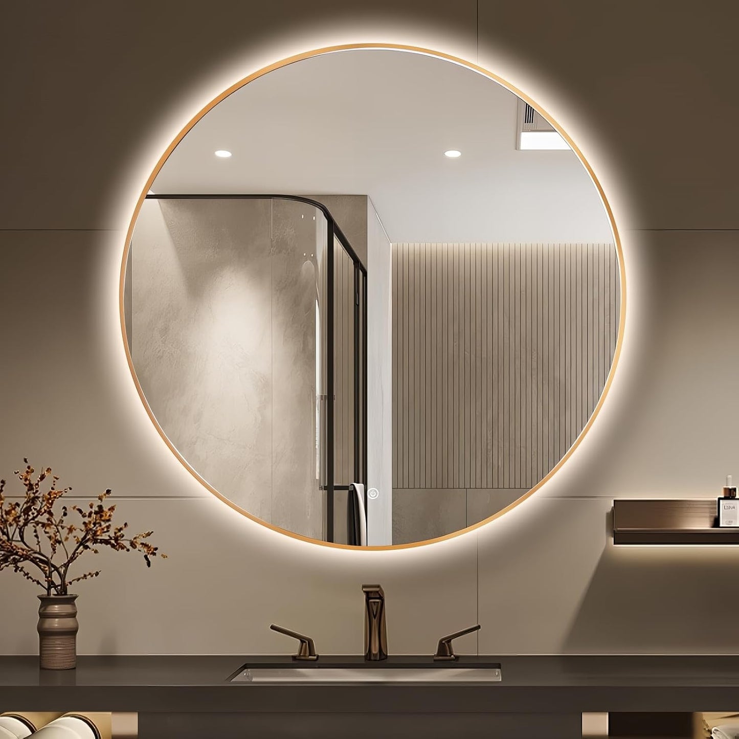 Niccy 48" LED Backlit Round Mirror for Bathroom, Gold Framed Vanity Light Wall Mirror LED Smart Circle Mirrors with 3 Lighting Colors, Dimmable Lighted Mirror with Anti-Fog, IP65 Waterproof