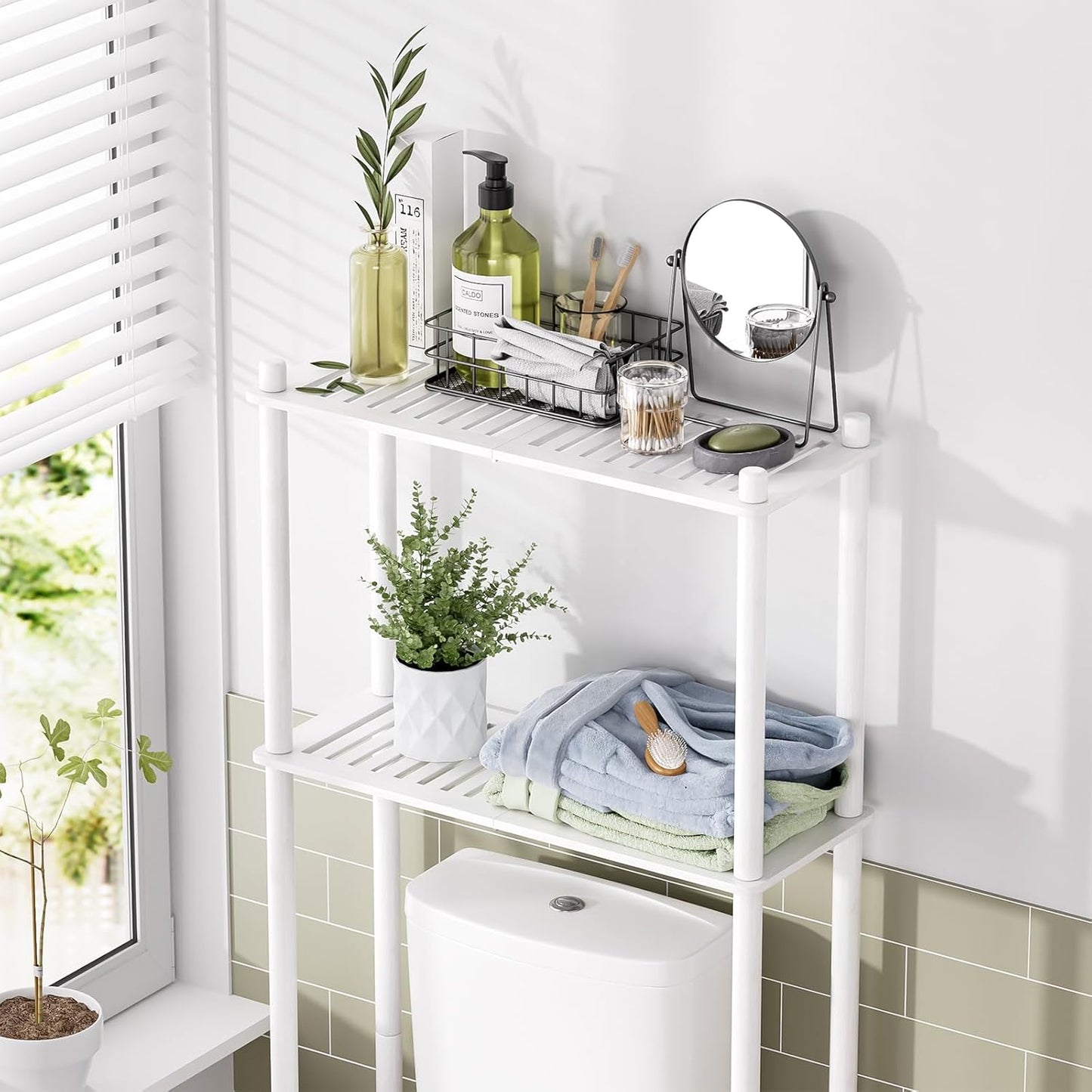 AmazerBath Bamboo Over The Toilet Storage Shelf, 2-Tier Over Toilet Bathroom Organizer Rack, Bathroom Shelves Over Toilet Space Saver, White