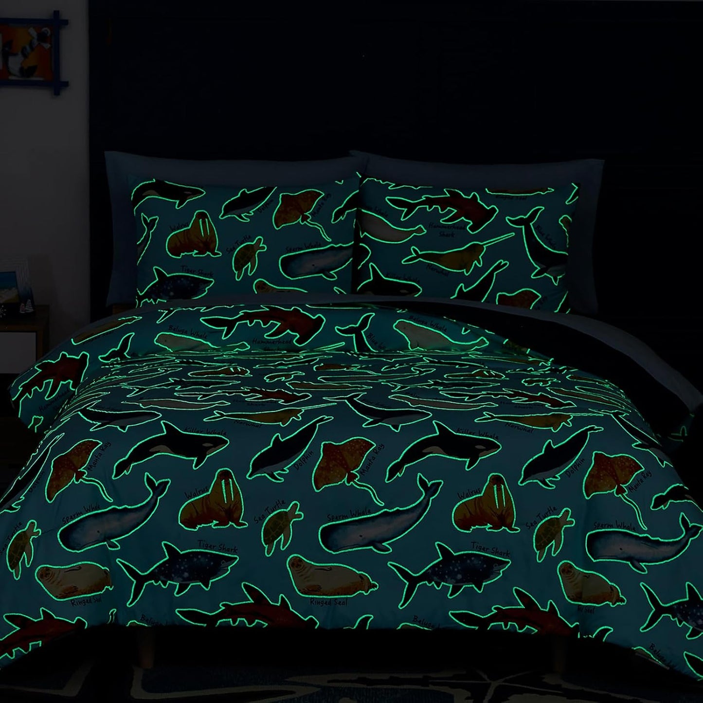 Full Size Comforter Set for Boys-7 Pieces Ocean Animals Glow in The Dark Full Bedding Sets for Kids, Ultra Soft Bed in A Bag with Sheets