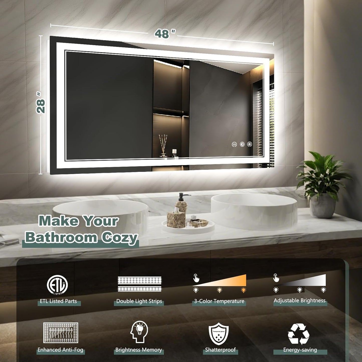 LED Bathroom Mirror with Lights: 48"x28" Wall Mounted Large Lighted Mirrors Fogless, Anti-Fog,Dimmable,Memory Function, Shatterproof Tempered Glass, Espejos para Baños, ETL Listed
