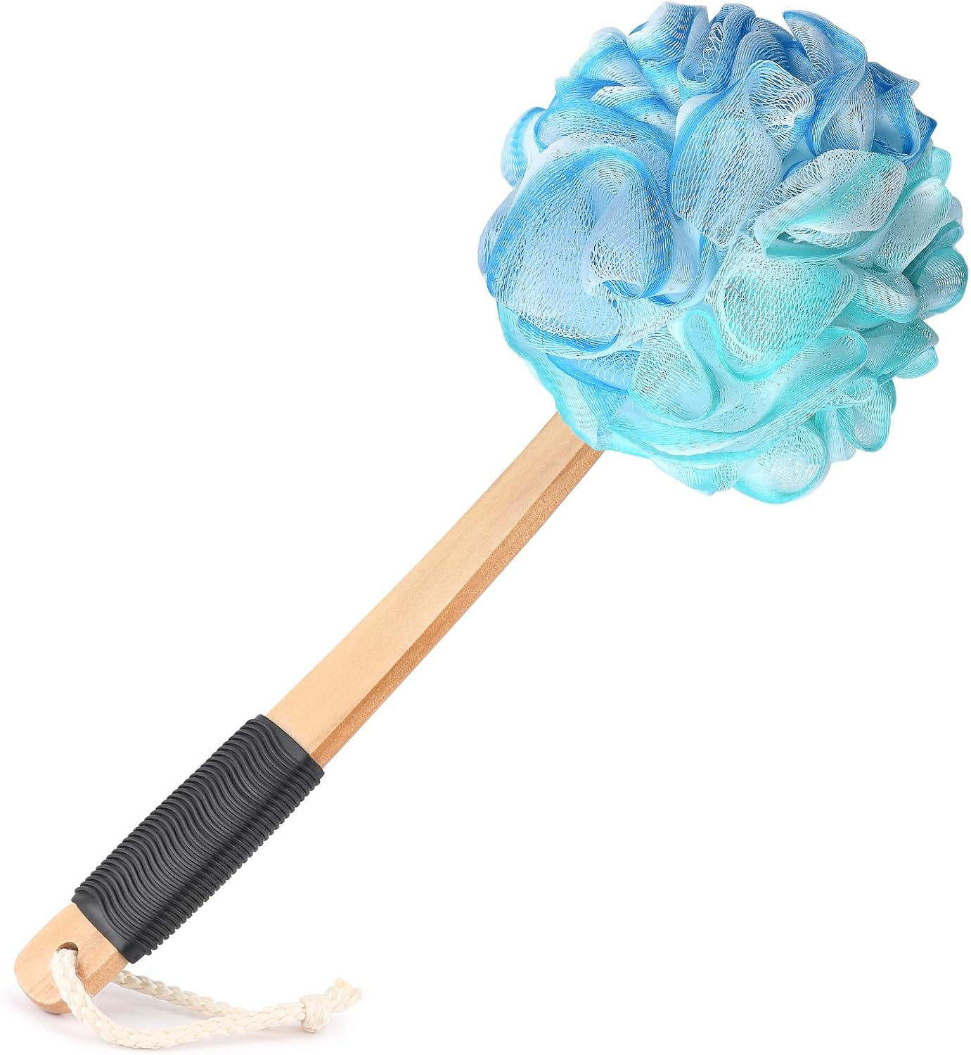 Loofah on a Stick PE Soft Mesh Luffa with Non-Slip Wooden Handle Made of Soft and Sturdy Rubber Material Back Scrubber for Shower for Women and Men with String for Easy Hanging(Blue Green White)