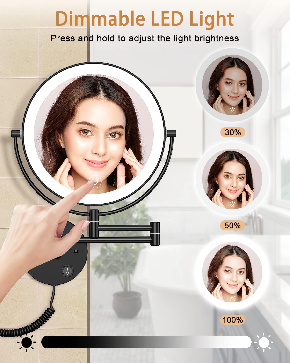 Benbilry 9" Large Wall Mounted Lighted Makeup Mirror, 1X/10X Magnifying Double-Sided AC Pulg-in Powered Bathroom Mirror with 3 Color Lights, Touch Dimmable, Extended Arm 360 Rotation, Black