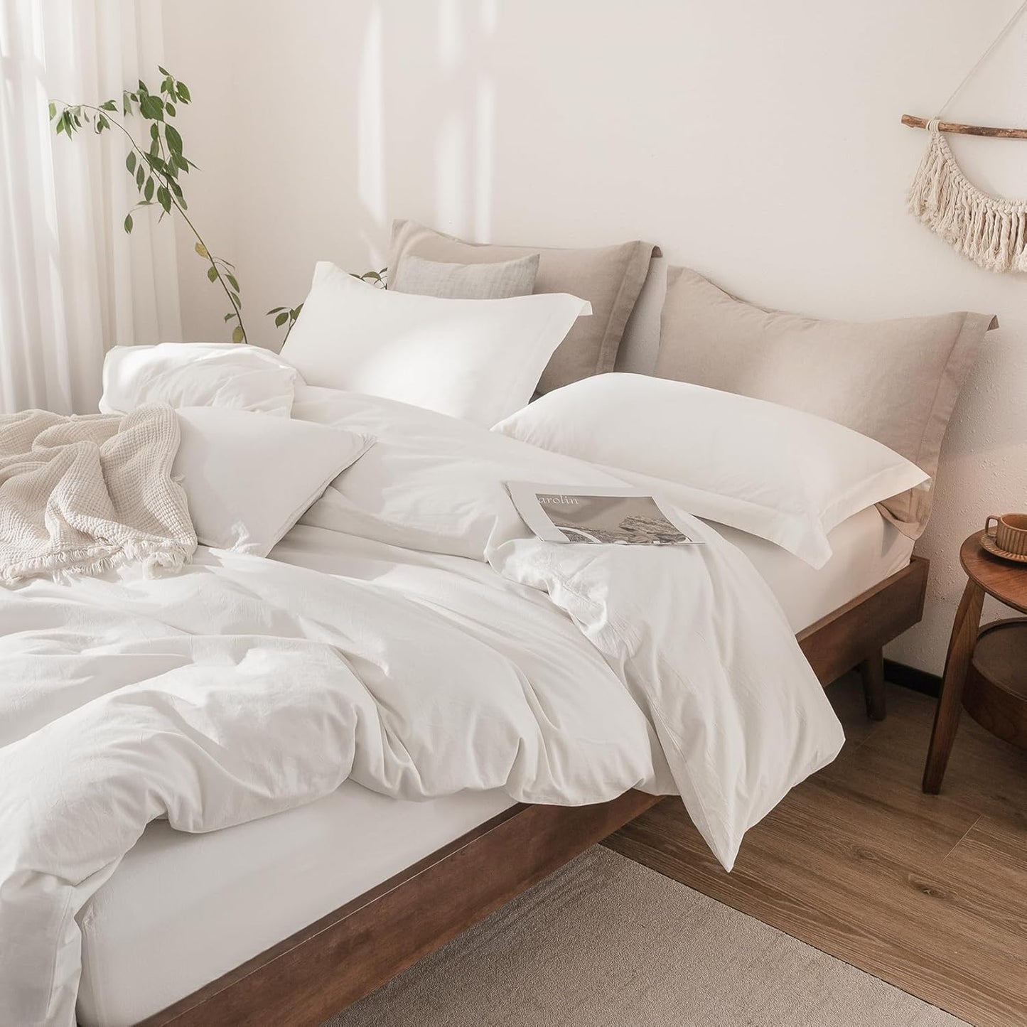 Linen Feel Duvet Cover Twin Size 90inch x 68inch,100% Washed Cotton Duvet Cover with Zipper Closure and One Pillowcases, Color of Off White