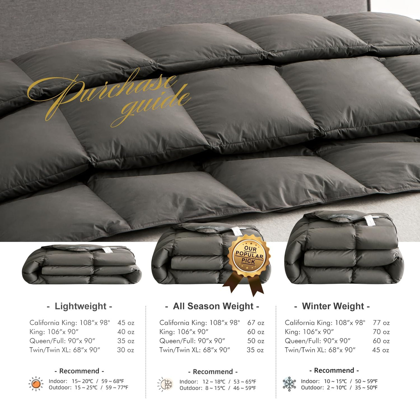 Royoliving Premium Feathers Down Duvet Insert Comforter Queen Size Charcoal Grey Heavyweight Thickened Winter 100% Cotton Cover with Corner Tabs (90x90, 60 oz)