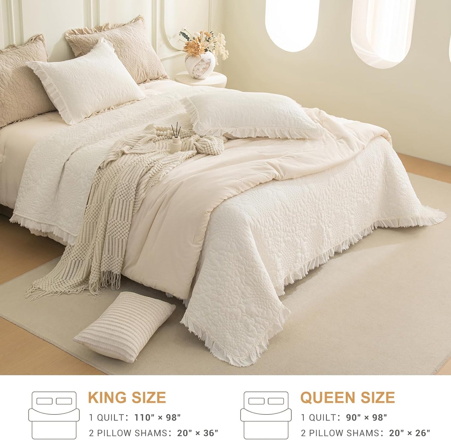 QSH 3PCs Stonewashed Cotton Quilt King (110"x98"),Milk White Ruffled Quilt King Size Bedding Set,Ultra Lightweight Soft Crinkle Bedspread Coverlet King Shabby Farmhouse Chic Bedspreads for All Seasons