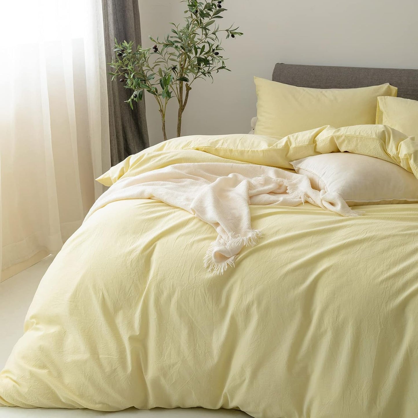 FOSSA Duvet Cover Set 100% Washed Cotton Linen Feel Super Soft Breathable Cozy 3 Pieces Bedding Sets Solid Pastel Yellow California King